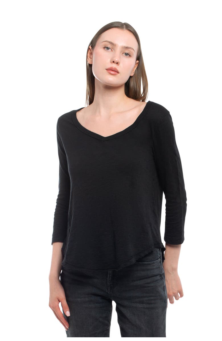 WILT Clothing 3/4 Sleeve V-Neck Shirttail Tee With Raw Hem Top, Main, color, Black