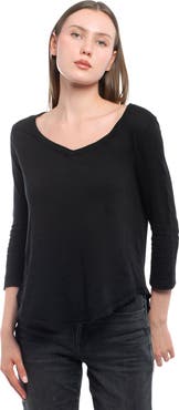 WILT Clothing 3/4 Sleeve V-Neck Shirttail Tee With Raw Hem Top