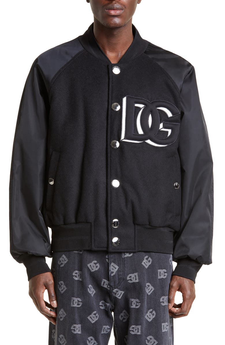 Dolce&Gabbana Logo Nylon Sleeve Wool Blend Varsity Jacket, Main, color, 