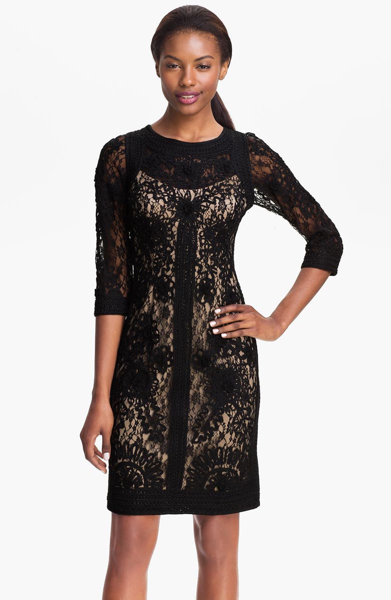 Sue Wong Ribbon Trim Illusion Bodice Dress, Main, color,