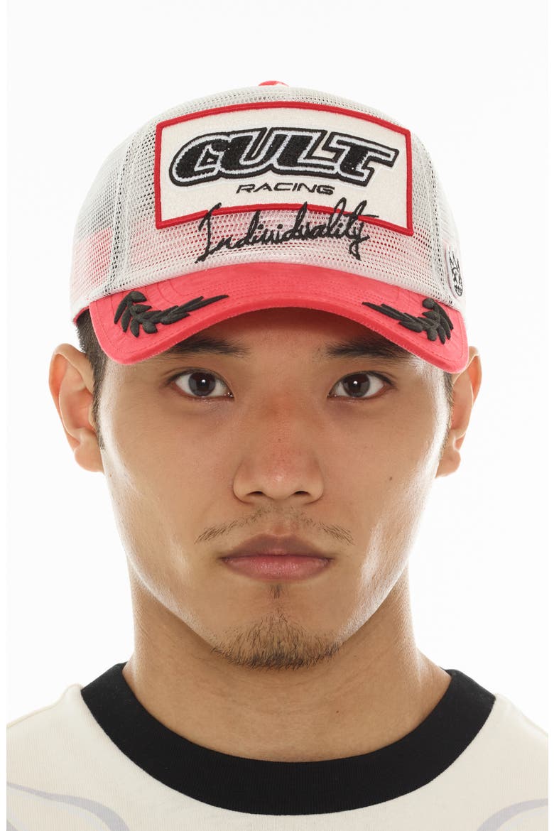 Racing Logo Mesh Trucker Hat, Alternate, color, WINTER WHITE