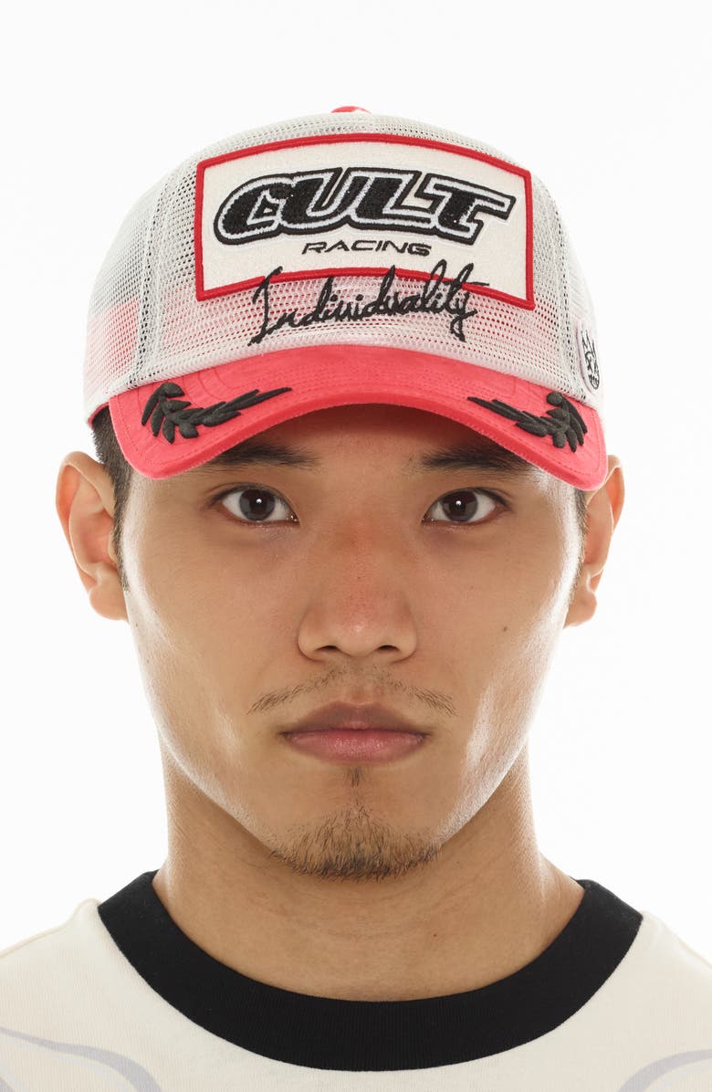 Cult of Individuality Racing Logo Mesh Trucker Hat, Alternate, color,