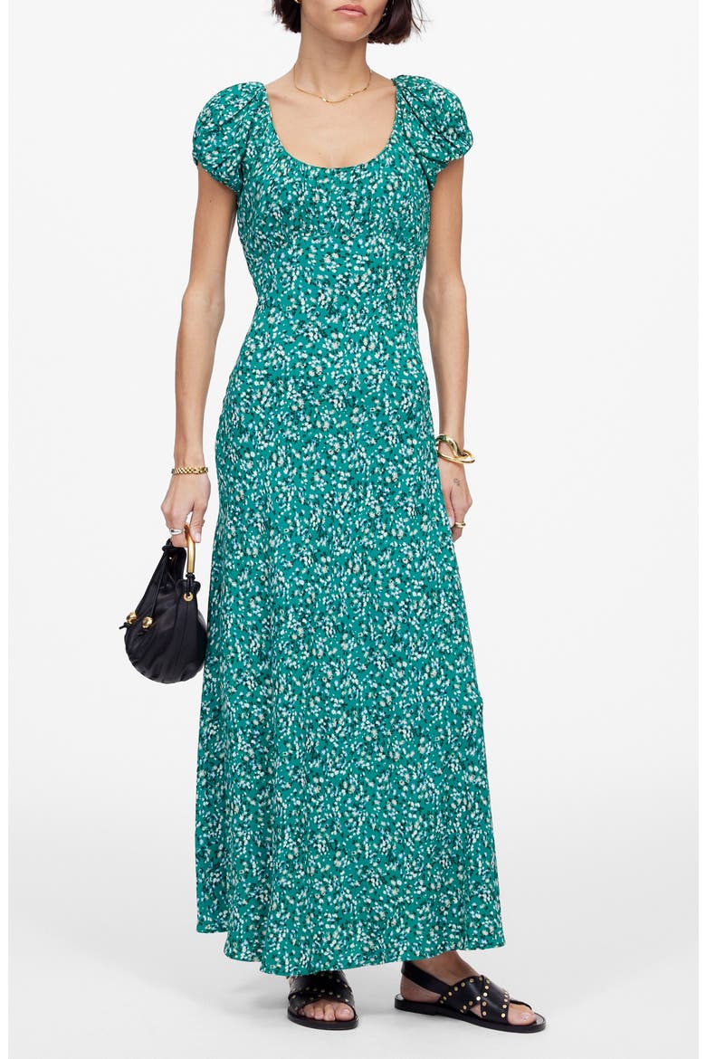 Floral Ruched Scoop Neck Maxi Dress, Main, color, MEADOW DITSY KELLY GREEN
