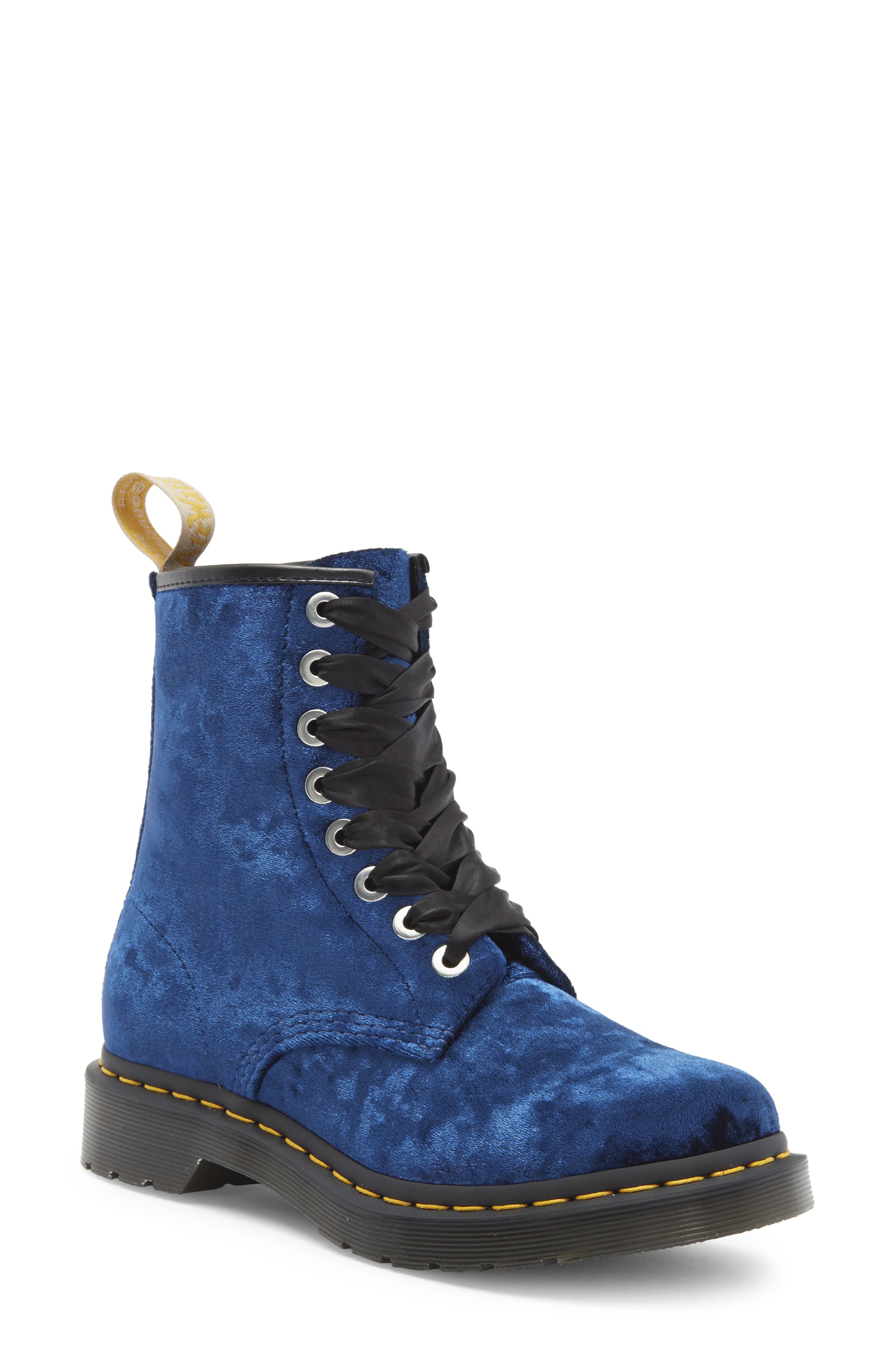 1460 Crushed Velvet Combat Boot, Main, color, DEEP BLUE CRUSHED VELVET