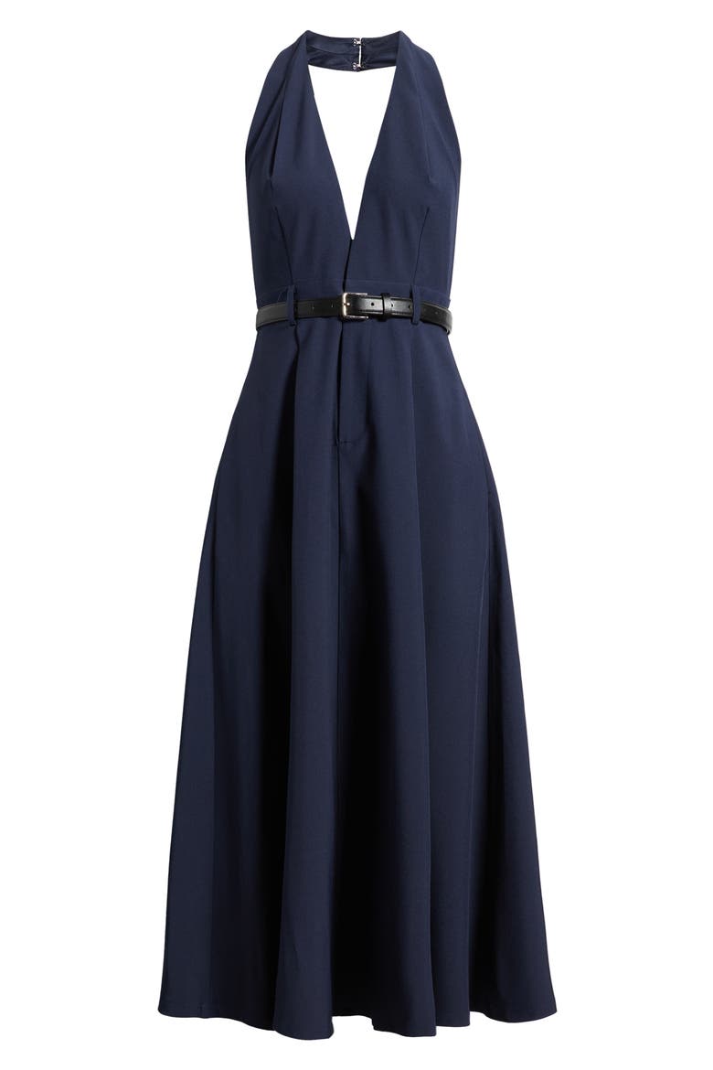 Plunge Halter Neck Belted Midi Dress, Alternate, color, NAVY