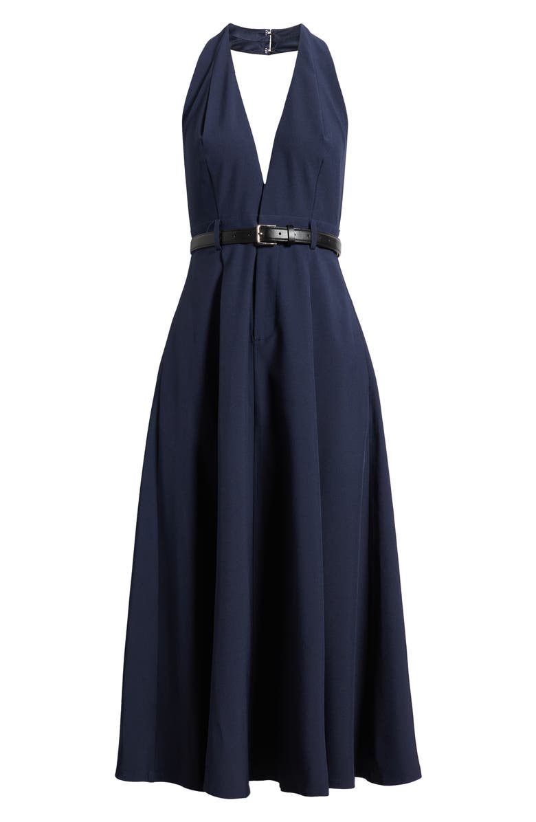 FREEMARKET Plunge Halter Neck Belted Midi Dress, Alternate, color, Navy