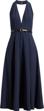 FREEMARKET Plunge Halter Neck Belted Midi Dress