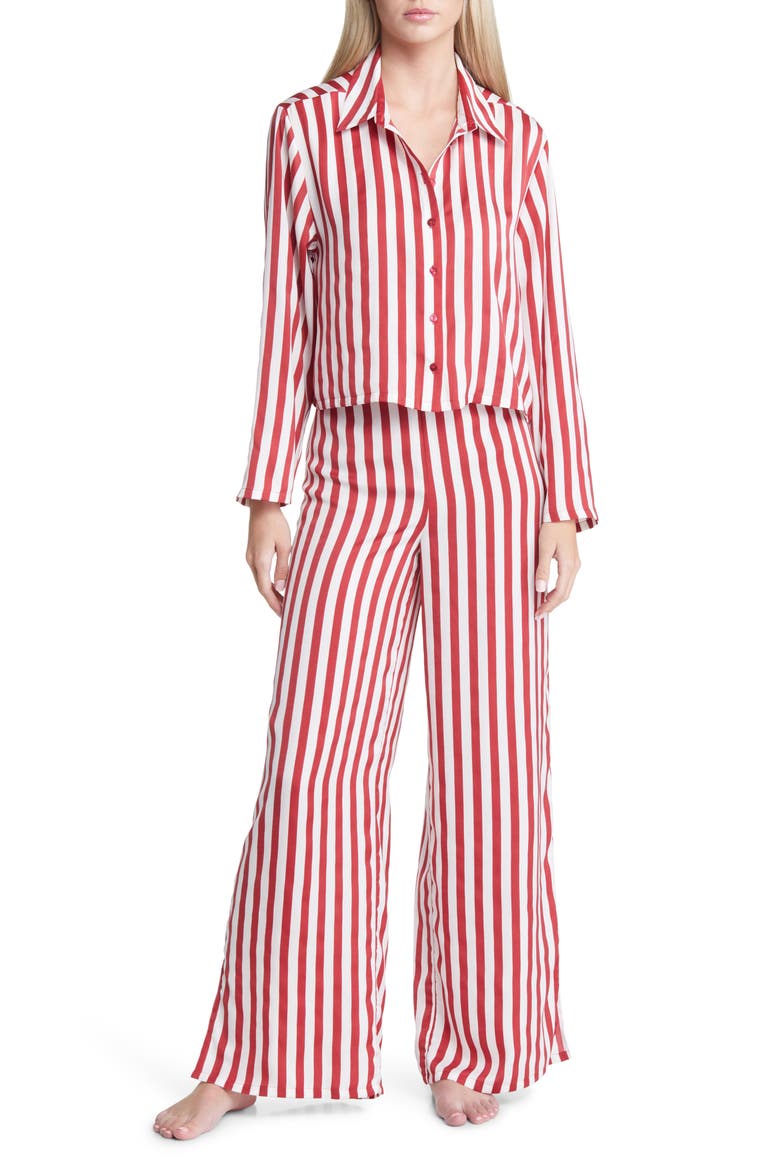 Boxy Satin Two-Piece Pajama Set, Main, color, RED SPICE WIDE STRIPE
