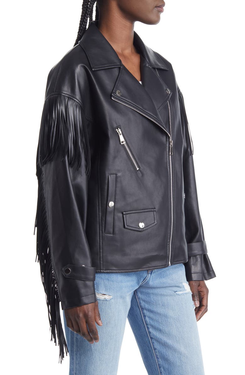 AZALEA WANG Fringe Faux Leather Jacket, Alternate, color, Black