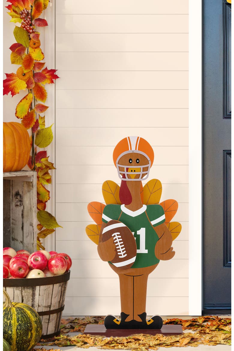 29.5"H Thanksgiving Wooden Football Turkey Porch Decor, Alternate, color, Brown