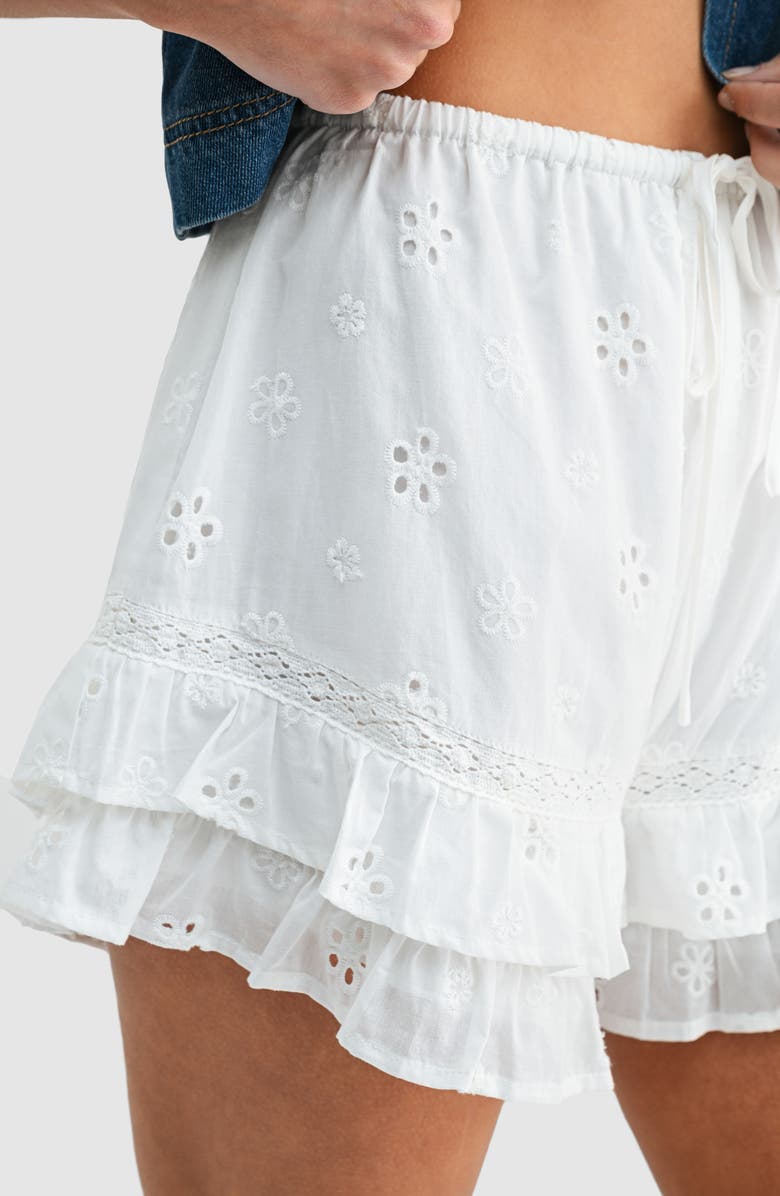 All in Favor Ruffle Eyelet High Waist Shorts, Alternate, color, Off White
