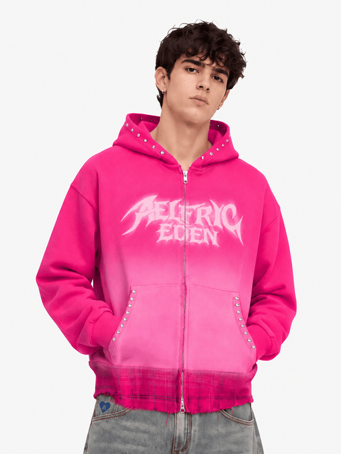 Boxy Washed Studded Zip Up Hoodie