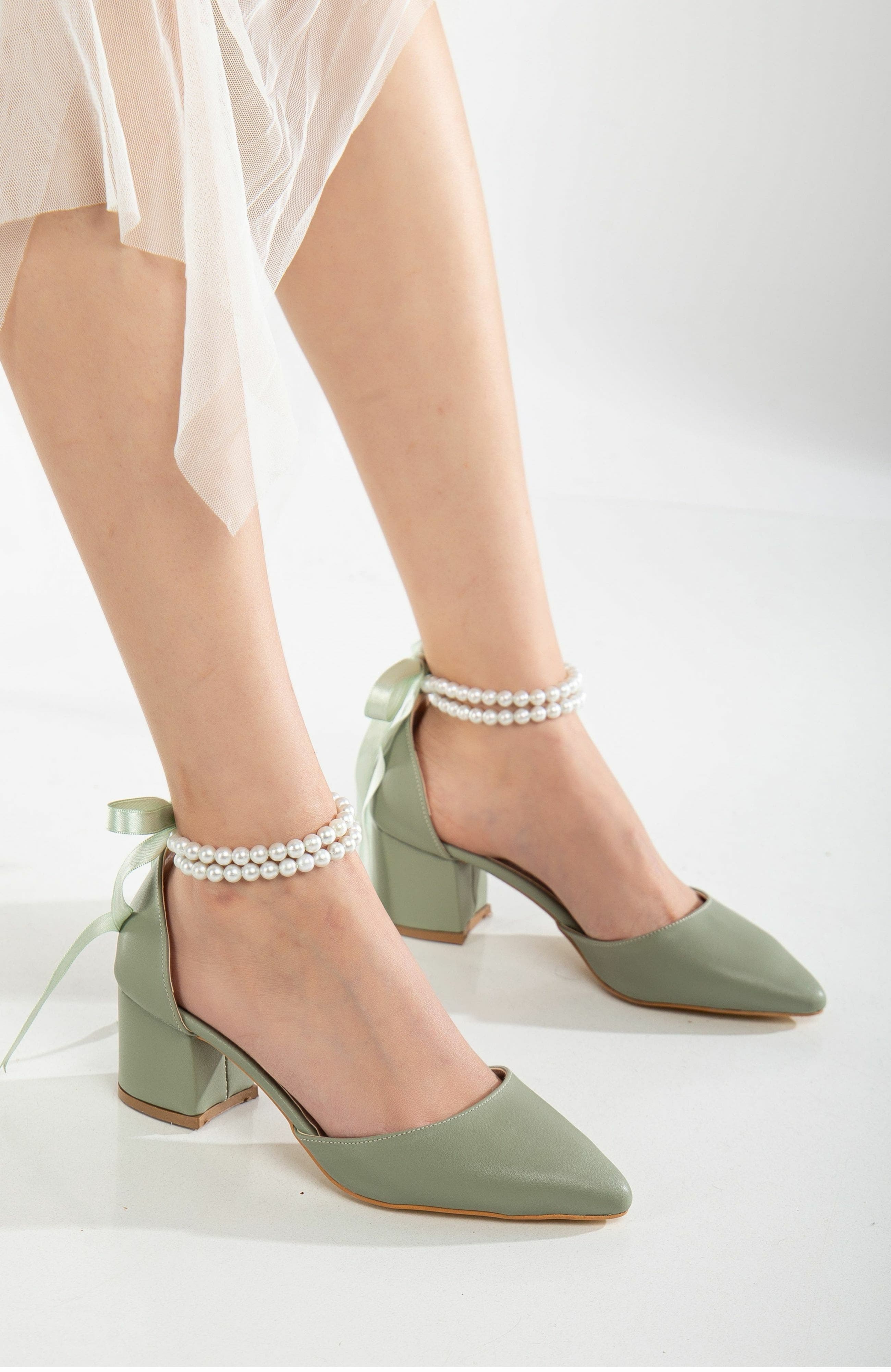 Forever & Always Shoes Miranda Low Block Heels with Pearls, Alternate, color, Sage Green Faux Leather