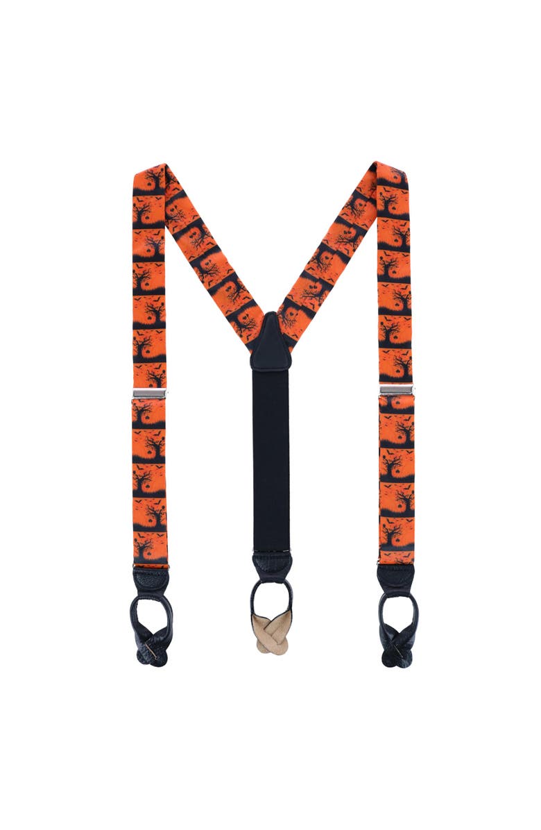 Trafalgar Halloween Spooky Scene Silk Button End Suspenders, Alternate, color, Black And Orange