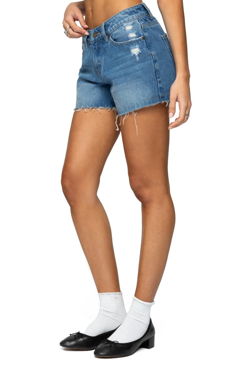 Scottie Raw Hem Low Rise Denim Shorts, Alternate, color, BLUE