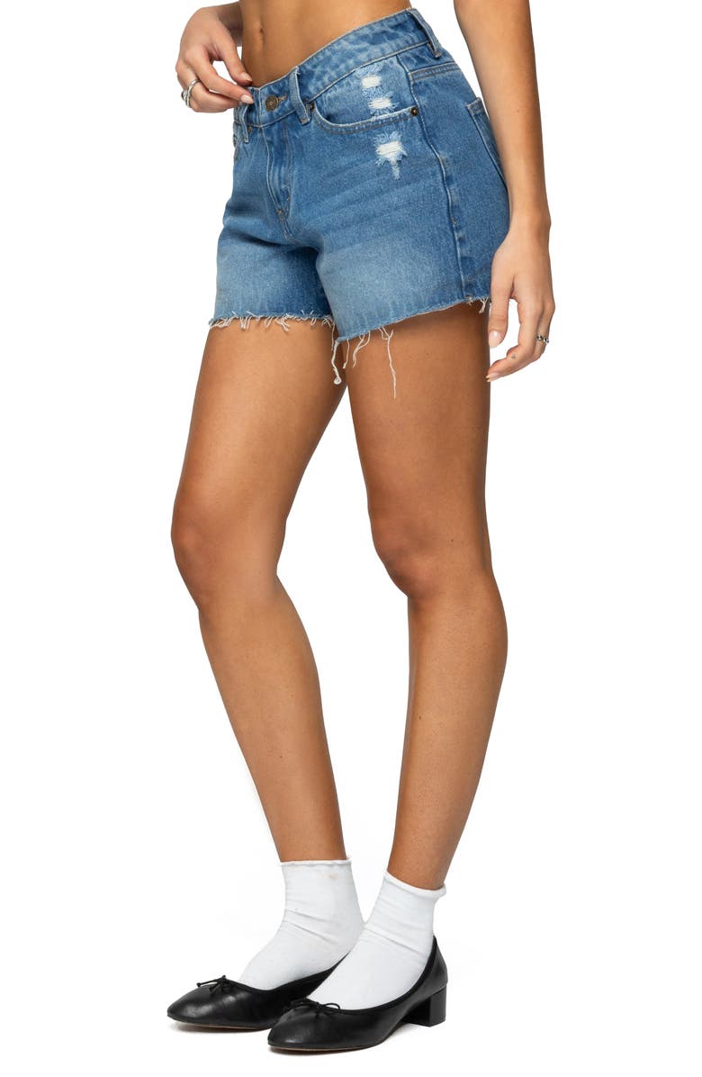 EDIKTED Scottie Raw Hem Low Rise Denim Shorts, Alternate, color, Blue