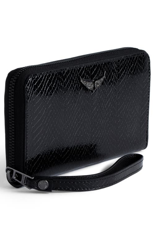 Zadig & Voltaire Compagnon Glossy Snake Texture Zip Wallet In Black