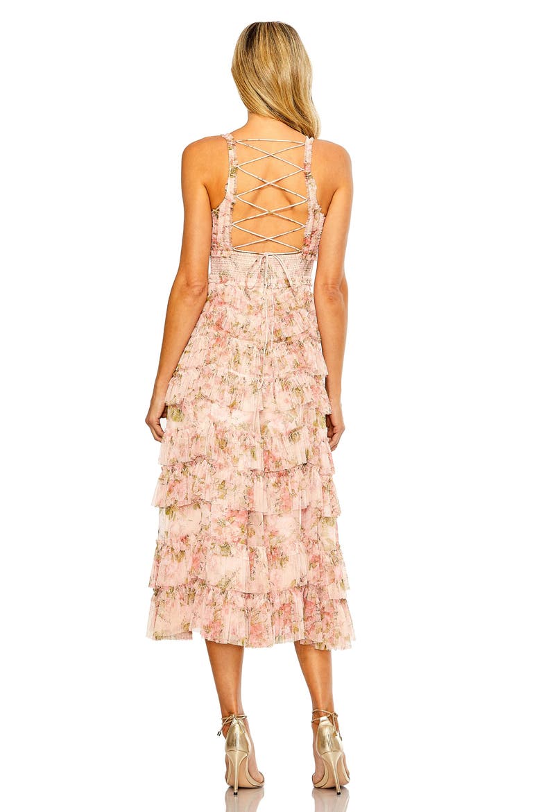 Sleeveless V Neck Floral Mesh Ruffle Midi Dress, Alternate, color, Blush Multi