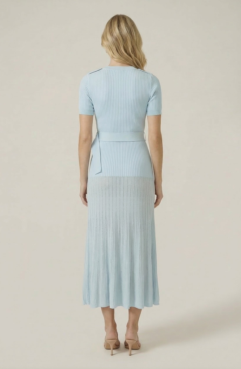 Modenaire Ribbed Knit Belted Waist Pleated Midi Dress, Alternate, color, Pastel Blue
