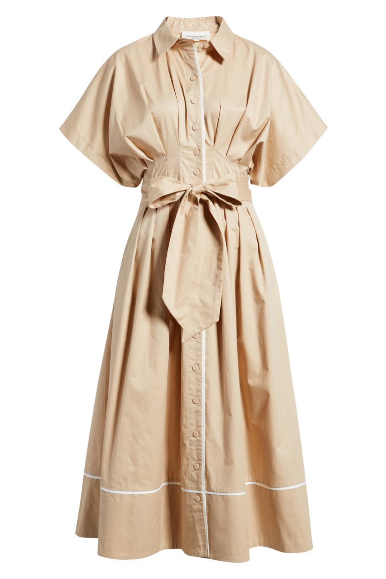 Tie Waist Midi Shirtdress, Alternate, color, KHAKI/ WHITE