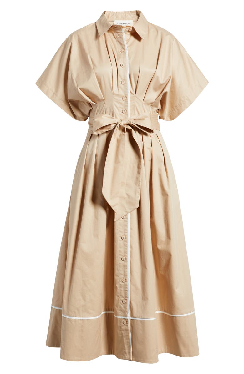 FREEMARKET Tie Waist Midi Shirtdress, Alternate, color, Khaki/ White