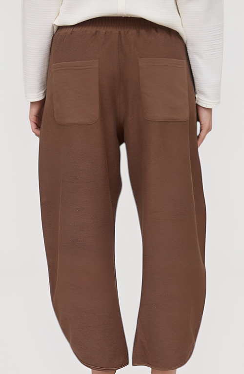 Modenaire Wide-leg Knit Crop Pants With Front Flap Pockets And Elastic Waistband In Brown