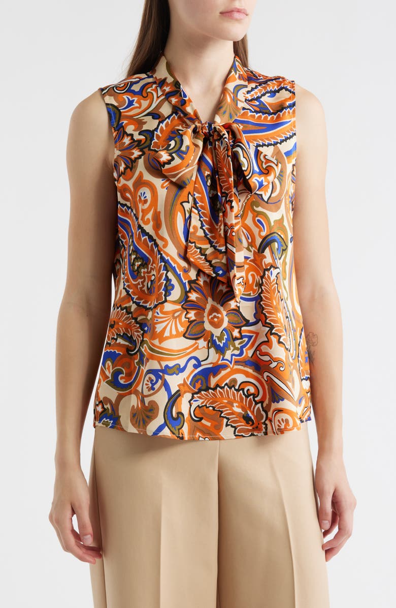 Tahari ASL Print Tie Neck Sleeveless Top, Main, color, Camel Royal Paisley