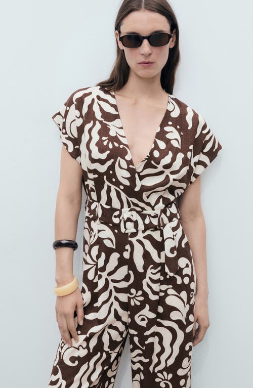 Mango Print Wide Leg Linen Blend Jumpsuit In Brown