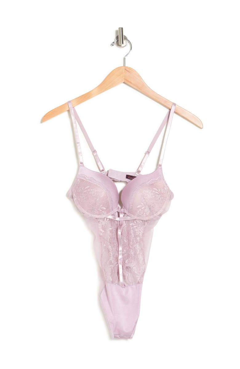 SECRET LACE Floral Lace Peek-A-Boo Bodysuit, Alternate, color, Keepsake Lilac