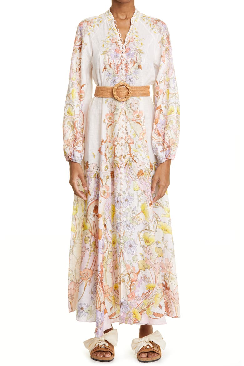 Floral Swirl Print Long Sleeve Linen Shirtdress, Main, color, FLORAL SWIRL