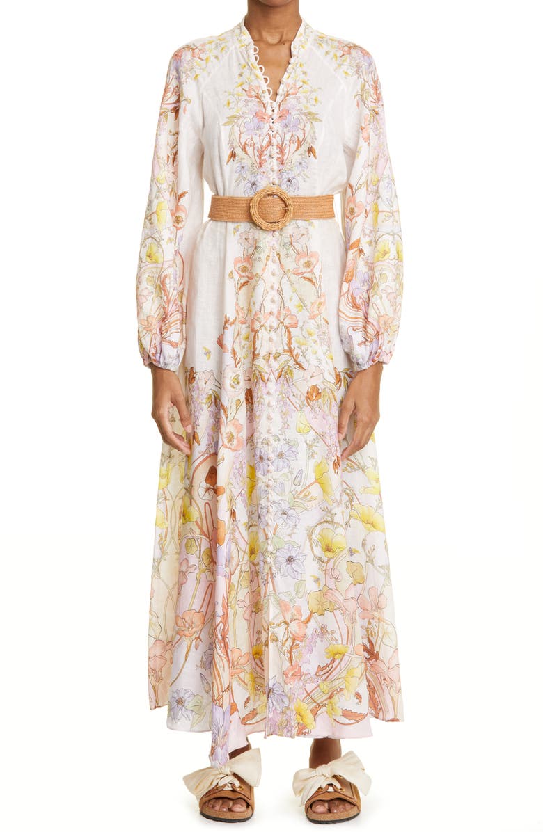 Zimmermann Floral Swirl Print Long Sleeve Linen Shirtdress, Main, color, 