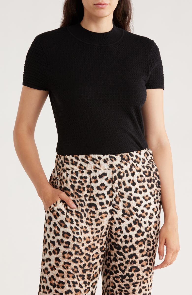 T Tahari Mock Neck Short Sleeve Knit Sweater, Main, color, Black
