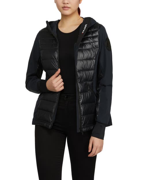Pajar Cressy Mixed Media Channel Quilted Stretch Puffer In Black