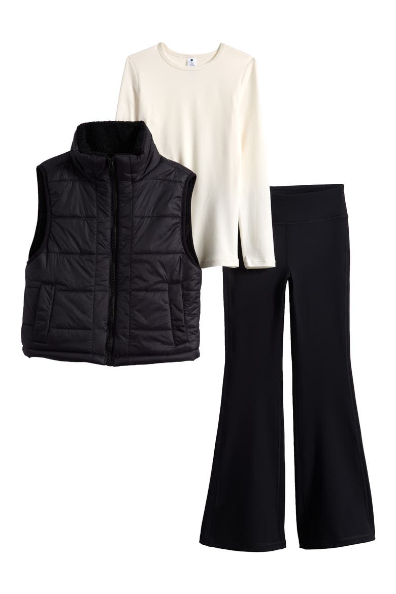 Kids' Keepin' Cozy T-Shirt, Flare Leggings & Quilted Vest Set, Main, color, SUGAR SWIZZLE/ BLACK/ BLACK