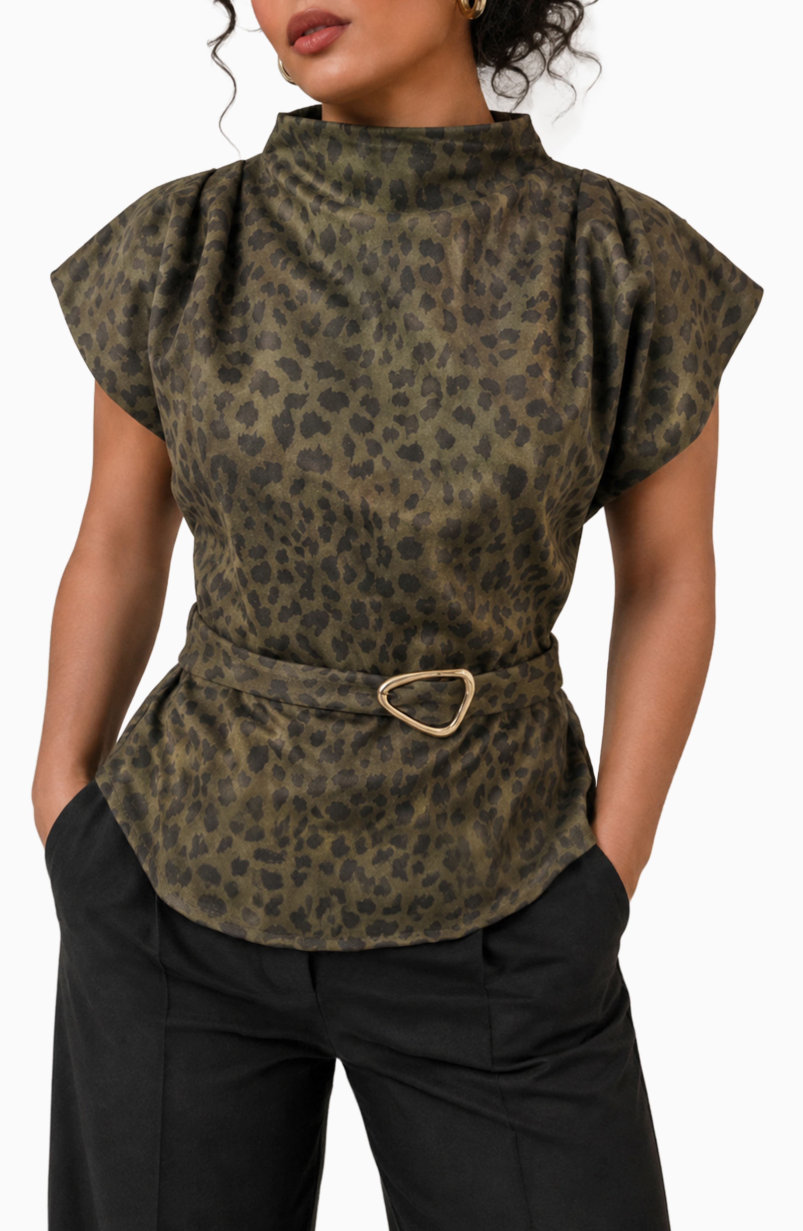 Leopard Print Funnel Neck Belted Top