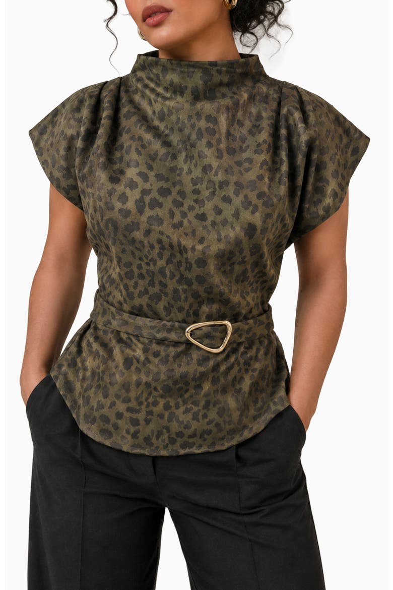 Leopard Print Funnel Neck Belted Top, Main, color, GREEN CHEETAH