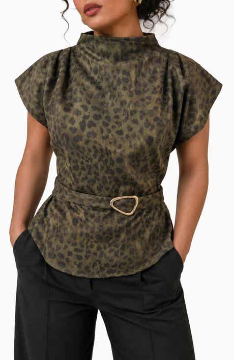 Leopard Print Funnel Neck Belted Top