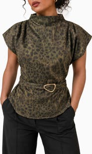 BY DESIGN Leopard Print Funnel Neck Belted Top