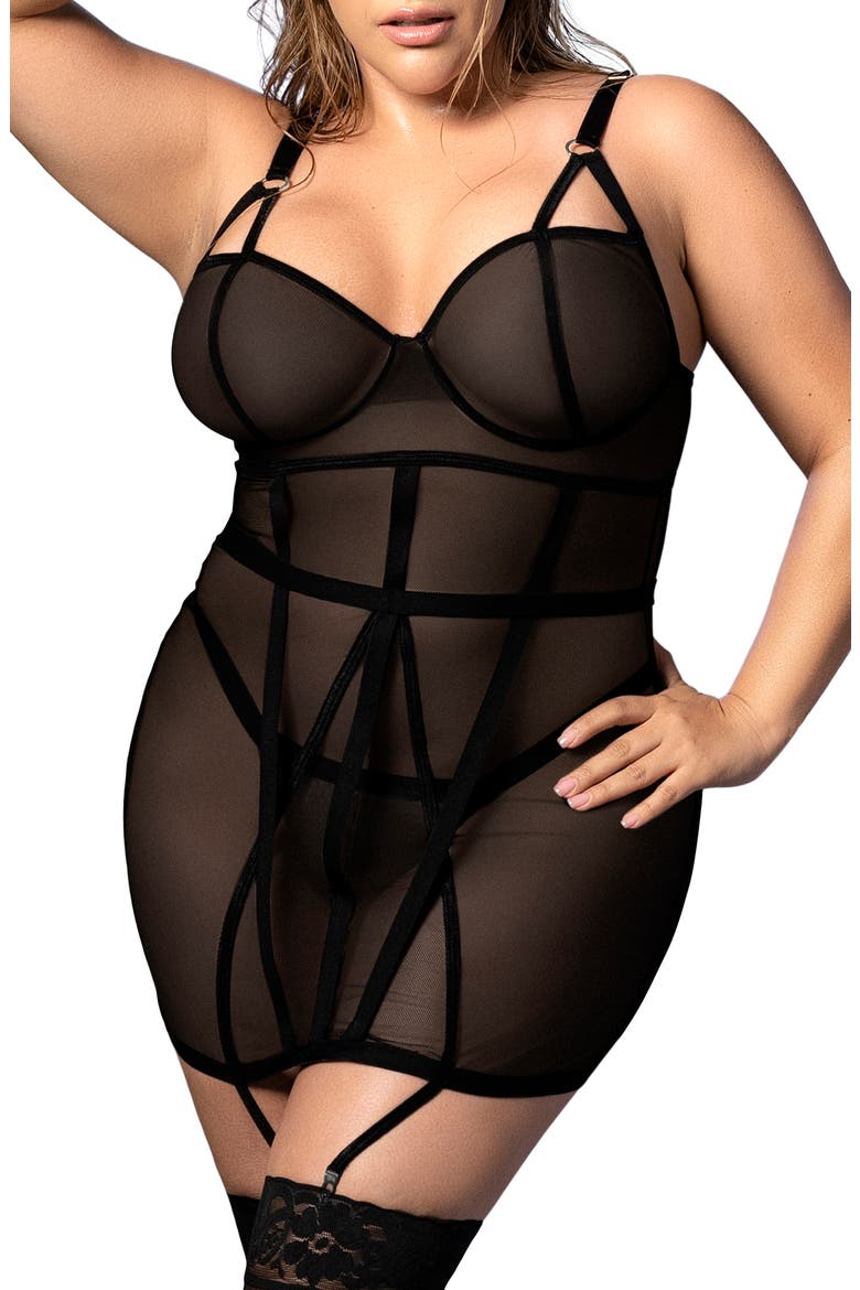 Underwire Mesh Chemise & Thong Set, Main, color, BLACK
