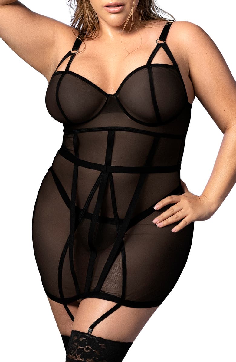 Mapale Underwire Mesh Chemise & Thong Set, Main, color,