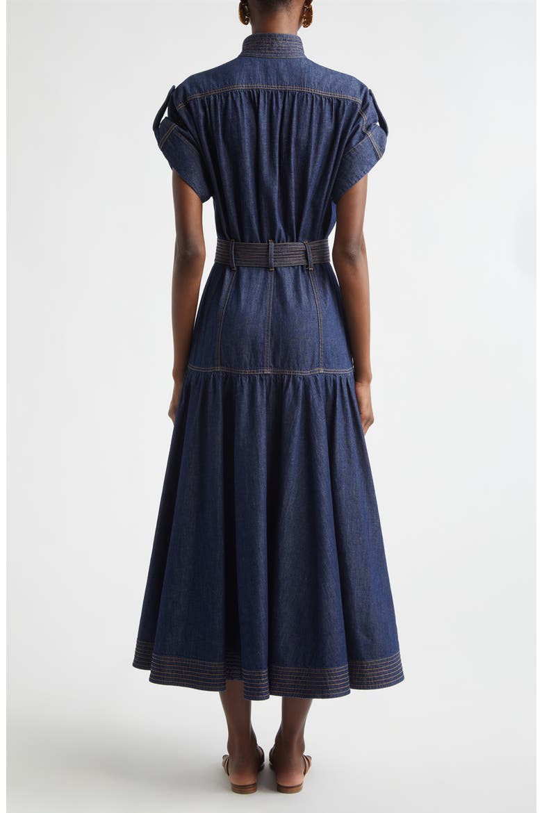 belted denim midi dress Blue Cotton Patterned Denim Belted Midi Dress - All Dresses