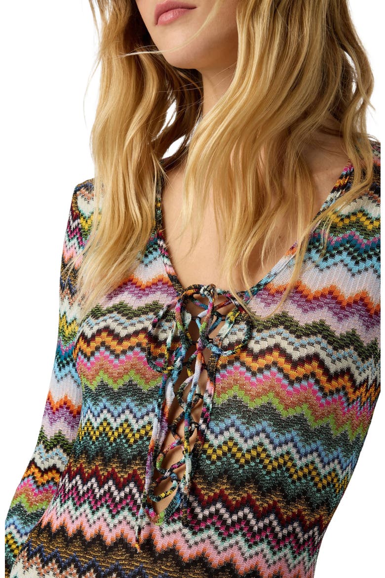 Long Cover-up In Lamé Viscose With Pixel-effect Zigzag Pattern, Alternate, color, Black & Multicoloured