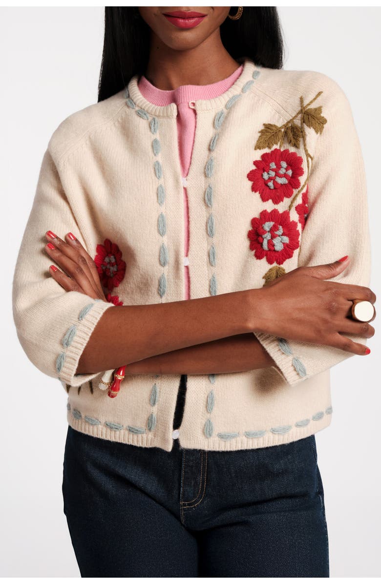 Frances Valentine Blanket Stitch Border Cardi CoatFloating Floral 100% Lambswool, Main, color, Natural/Red/Light Blue