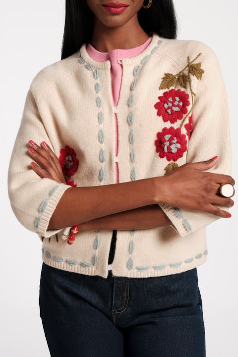 Blanket Stitch Border Cardi CoatFloating Floral 100% Lambswool