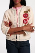 Frances Valentine Blanket Stitch Border Cardi CoatFloating Floral 100% Lambswool