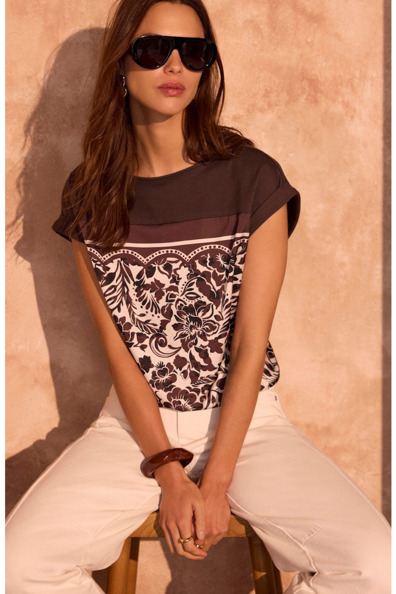 Floral Print Cap Sleeve Top, Alternate, color, Brown