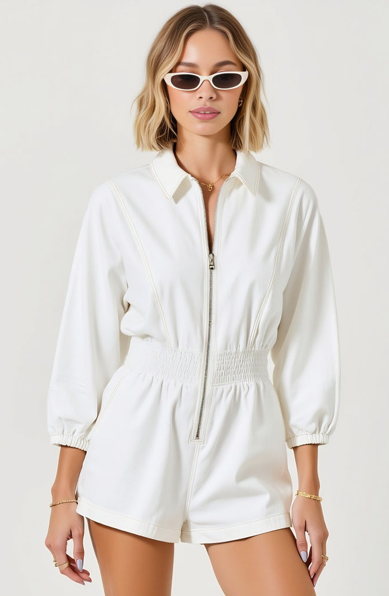 Modenaire Zip Front Long Sleeve Romper with Elastic Waist and Collar Detail, Alternate, color, White
