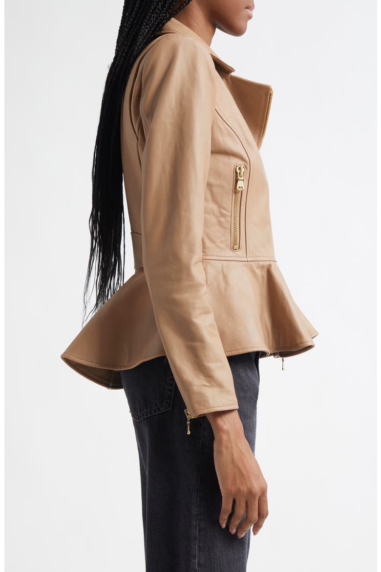Lyric Peplum Leather Biker Jacket, Alternate, color, CAPPUCCINO