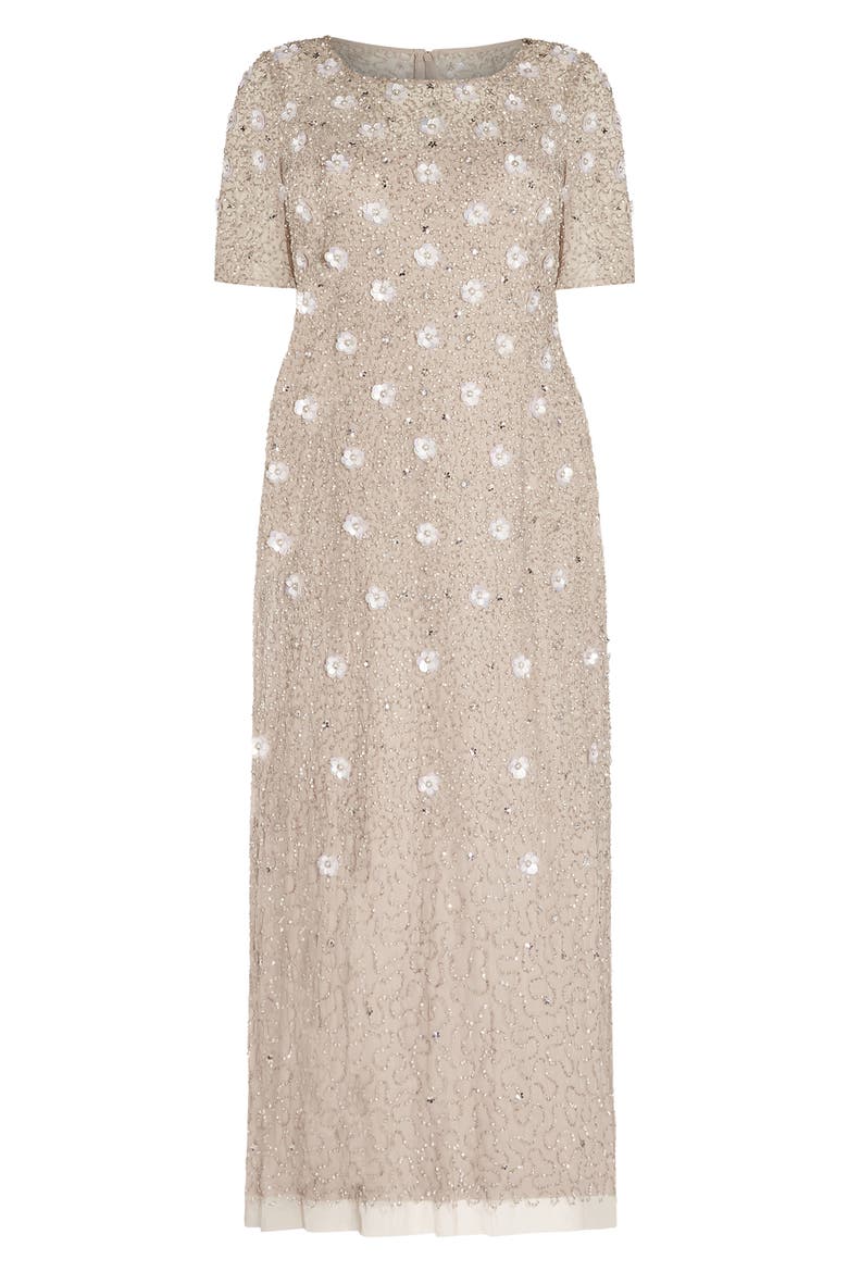 adrianna papell women's beaded long 3d floral dress Hand Beaded Short Sleeve Floral Godet Gown In Blush Pink