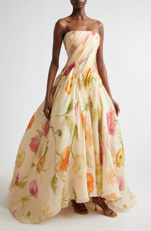 Floral Pleated Silk Strapless Gown